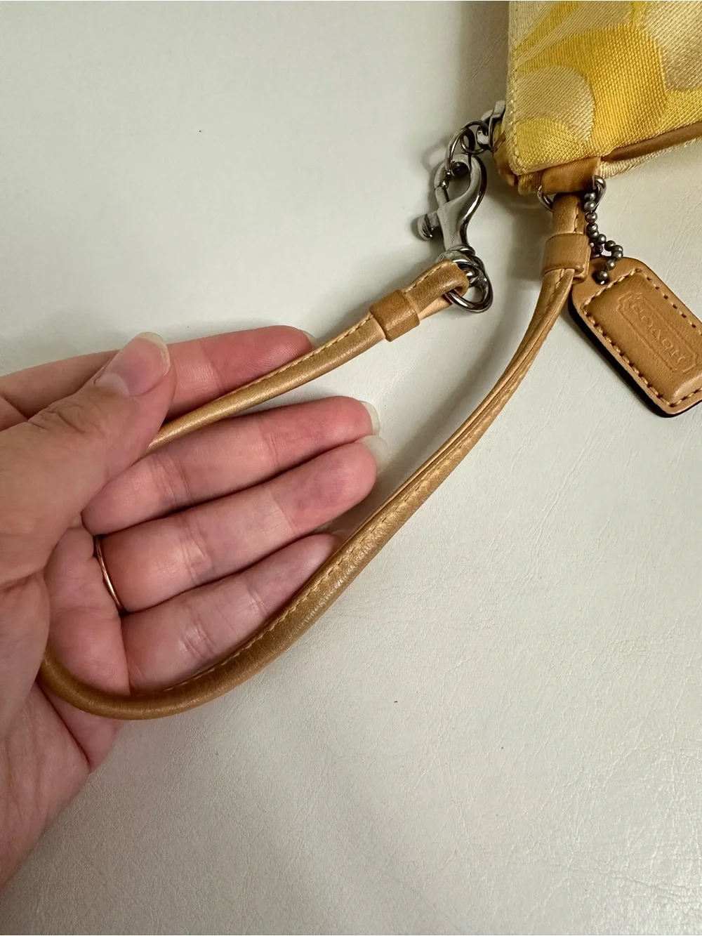 Coach Yellow Signature Canvas Wristlet with Leather Trim